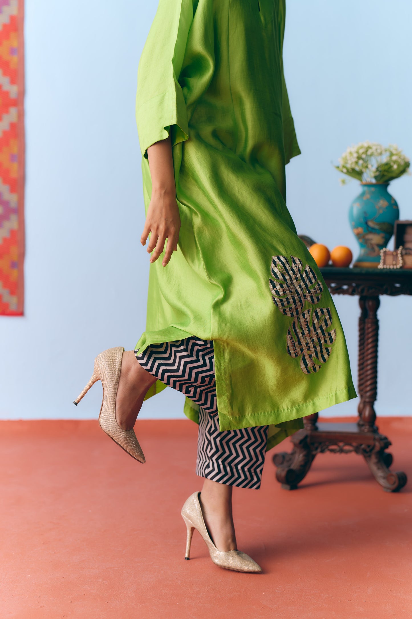 Lime Green Chinya Silk Antifit Co-ord with Zari & Chanderi Patchwork