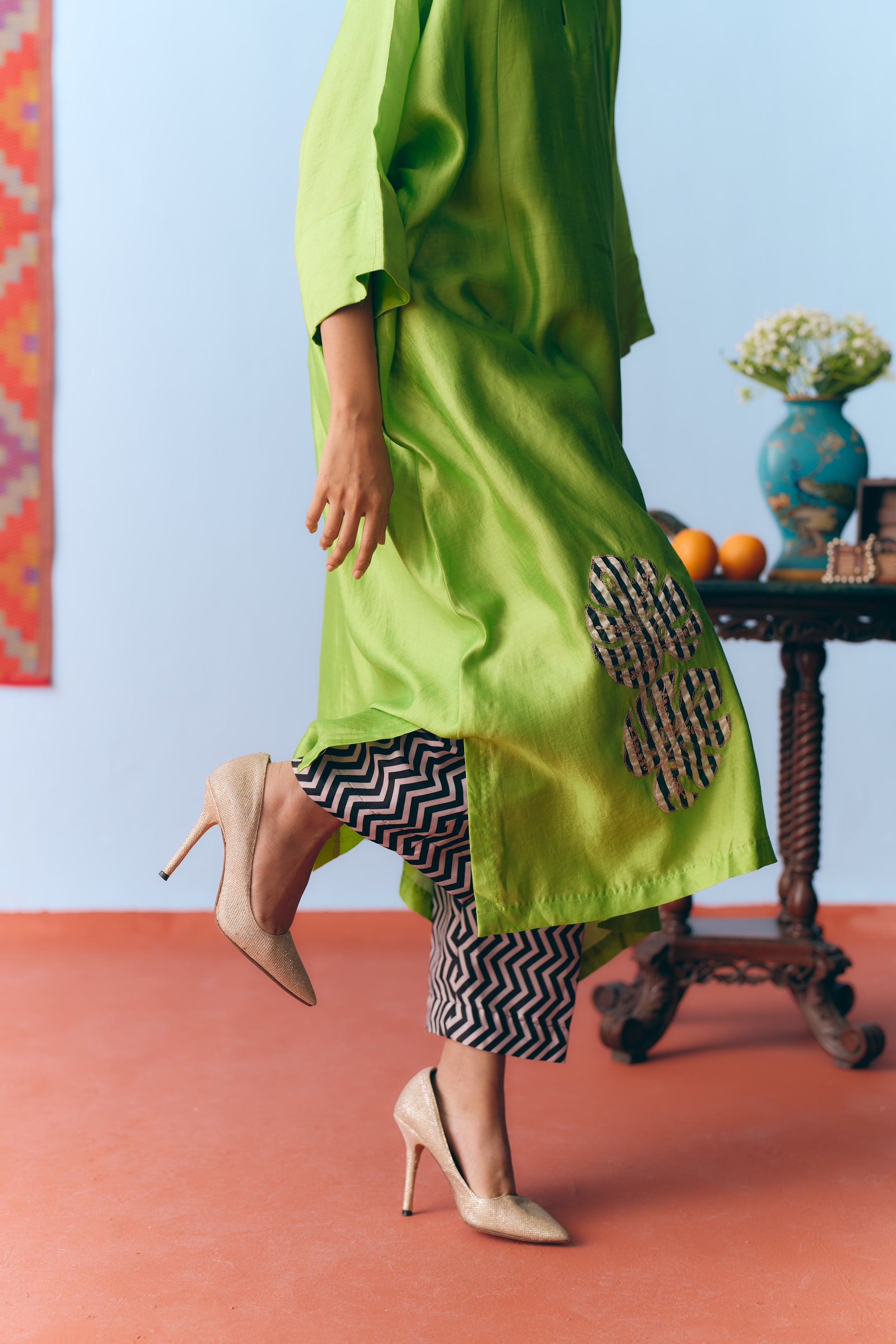 Lime Green Chinya Silk Antifit Co-ord with Zari & Chanderi Patchwork