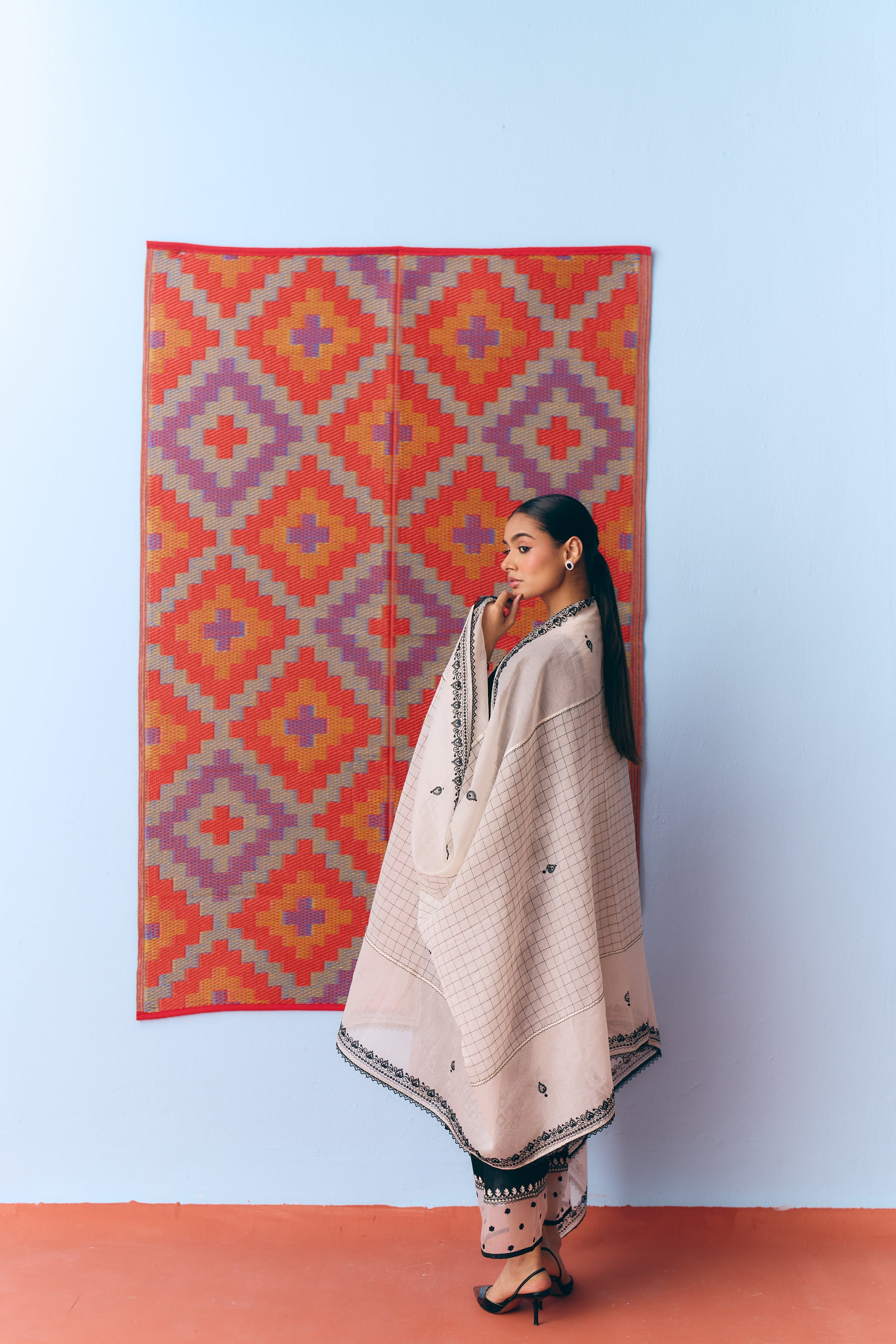 Black & White Silk Chanderi Kurta Set with Thread & Pita Embroidery