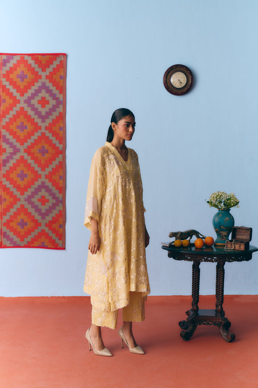 Lime Yellow Chanderi Antifit Co-ord with White Thread & Gota Embroidery