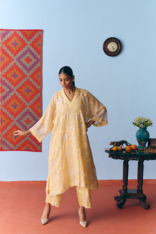 Lime Yellow Chanderi Antifit Co-ord with White Thread & Gota Embroidery