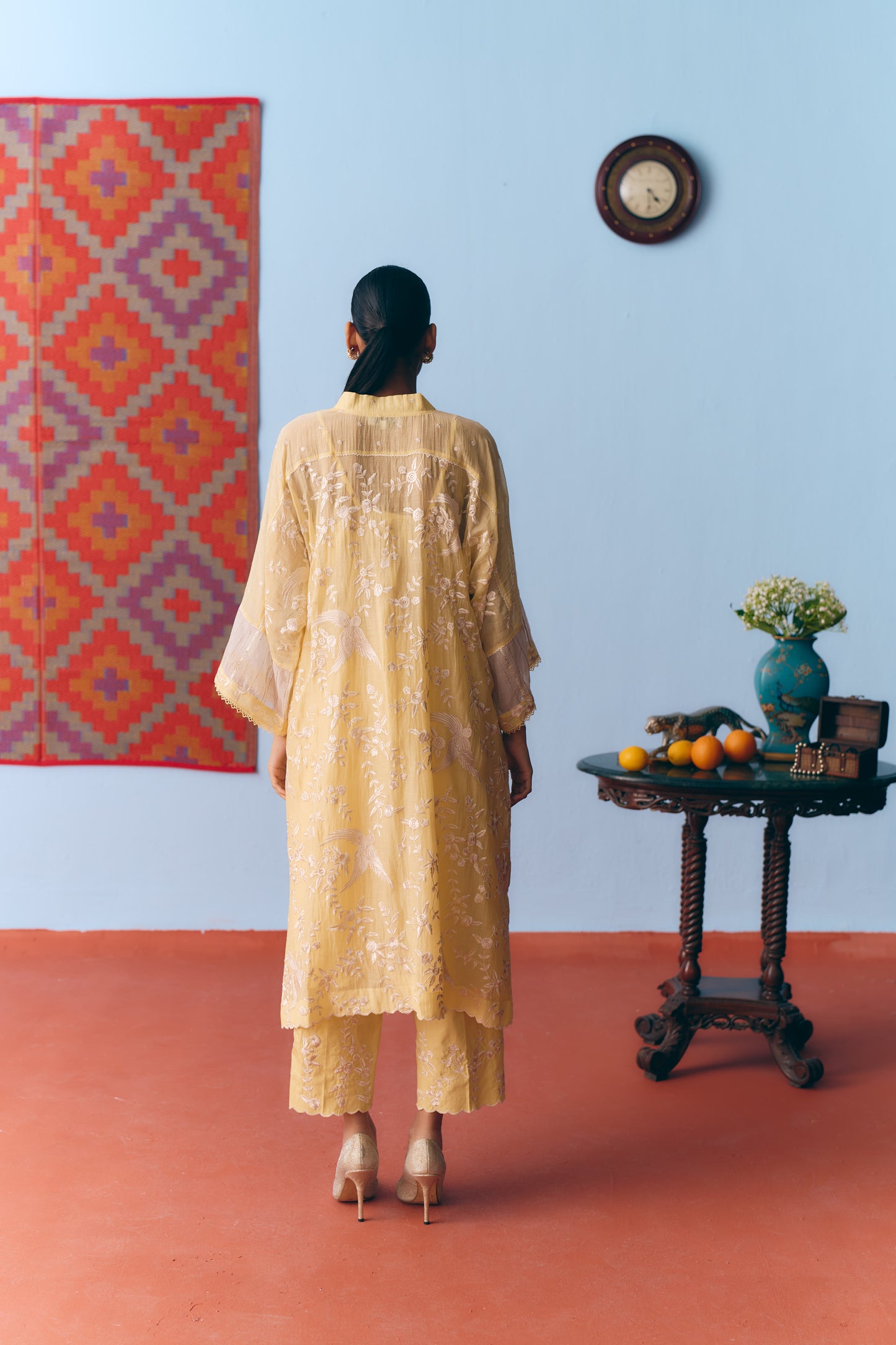 Lime Yellow Chanderi Antifit Co-ord with White Thread & Gota Embroidery