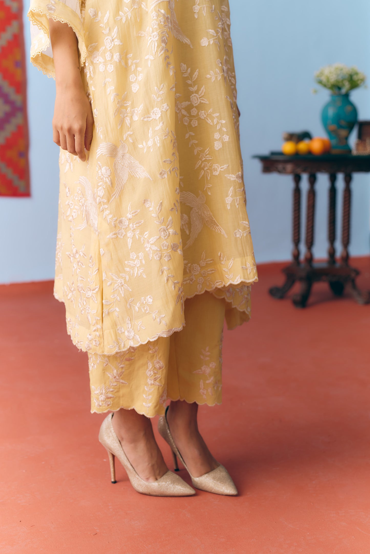Lime Yellow Chanderi Antifit Co-ord with White Thread & Gota Embroidery