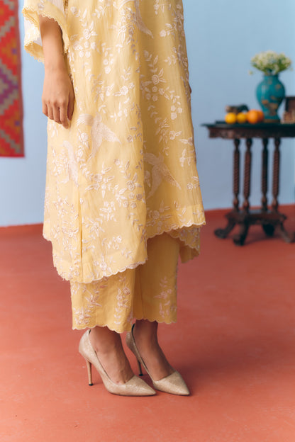 Lime Yellow Chanderi Antifit Co-ord with White Thread & Gota Embroidery