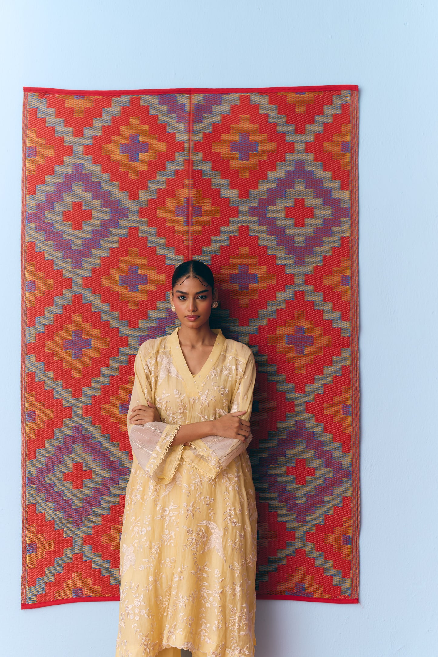 Lime Yellow Chanderi Antifit Co-ord with White Thread & Gota Embroidery