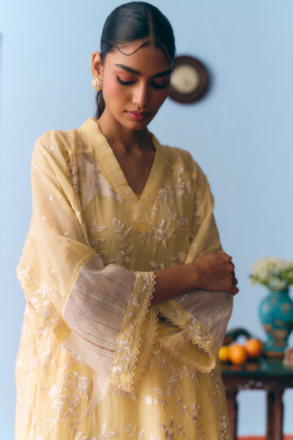 Lime Yellow Chanderi Antifit Co-ord with White Thread & Gota Embroidery
