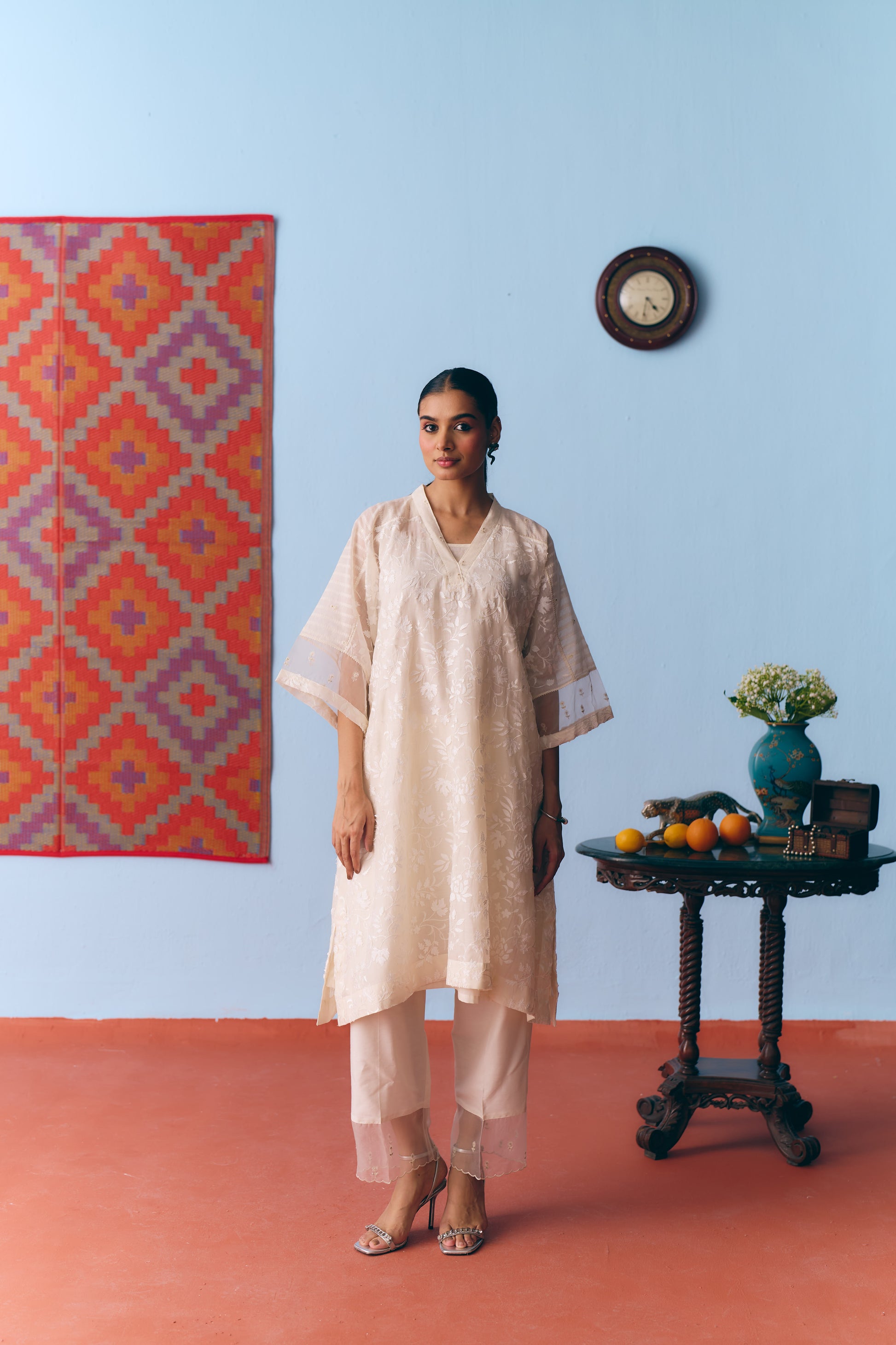 White Chanderi Antifit Co-ord with Laser Appliqué & Thread Embroidery