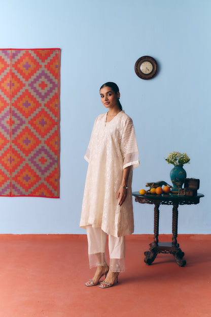 White Chanderi Antifit Co-ord with Laser Appliqué & Thread Embroidery