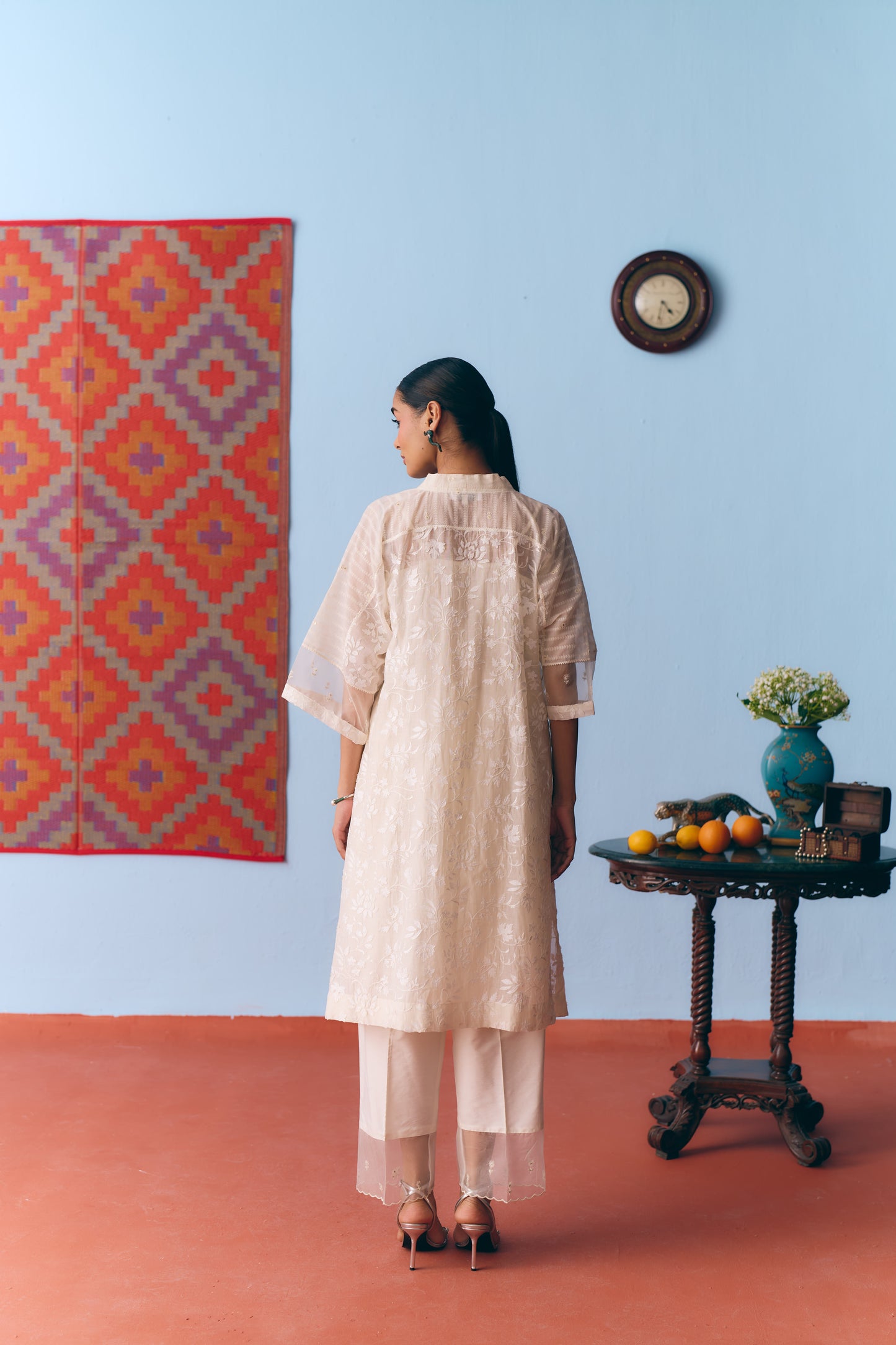 White Chanderi Antifit Co-ord with Laser Appliqué & Thread Embroidery
