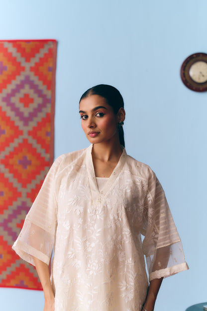 White Chanderi Antifit Co-ord with Laser Appliqué & Thread Embroidery