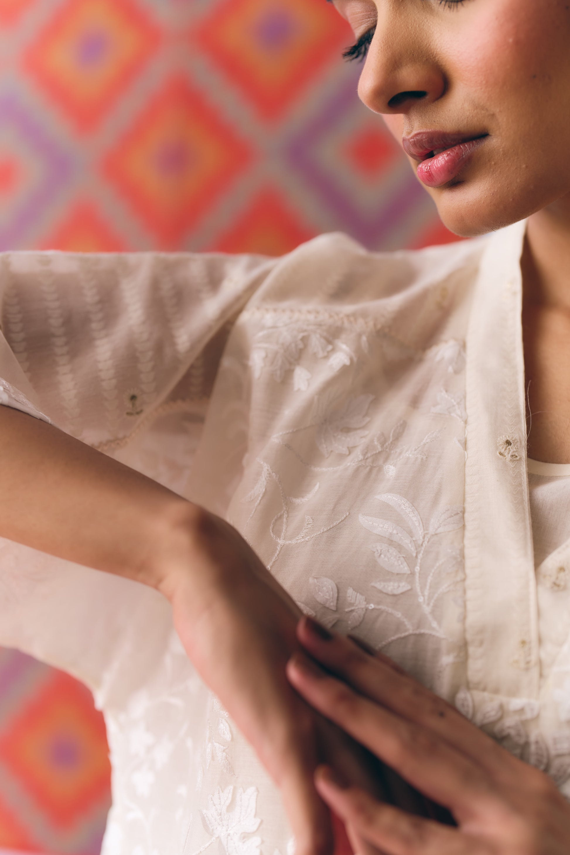 White Chanderi Antifit Co-ord with Laser Appliqué & Thread Embroidery