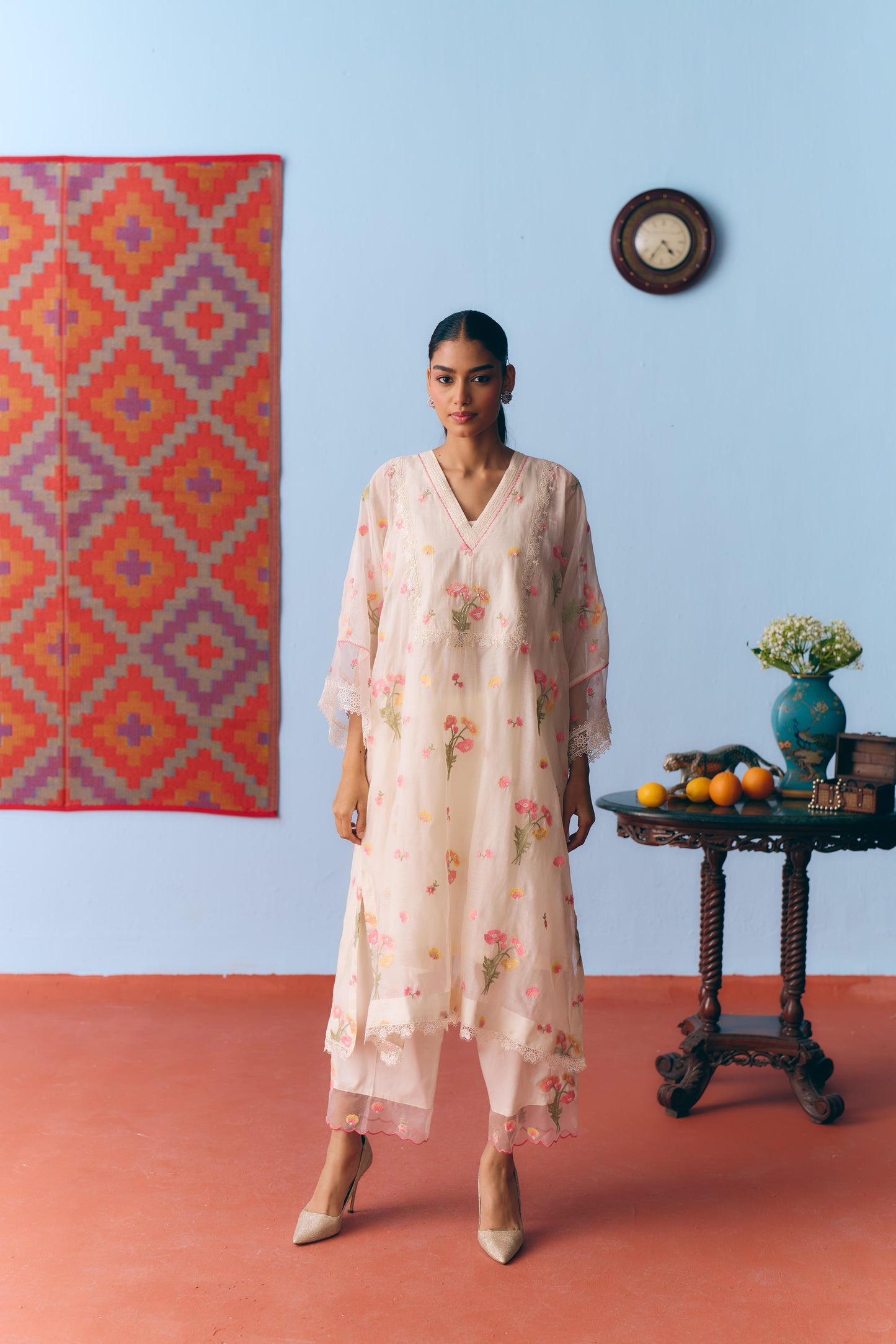 White Chanderi Antifit Co-ord with Thread, Lace & Bead Embroidery