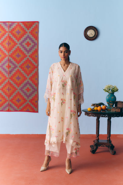 White Chanderi Antifit Co-ord with Thread, Lace & Bead Embroidery