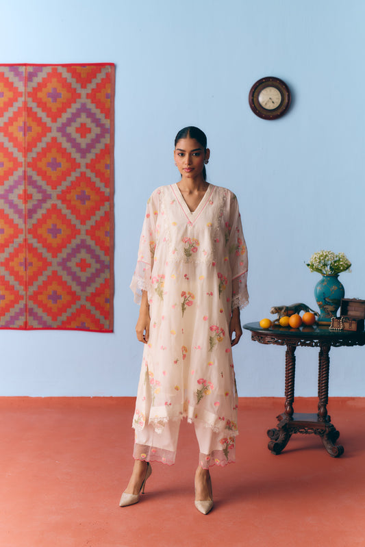 White Chanderi Antifit Co-ord with Thread, Lace & Bead Embroidery