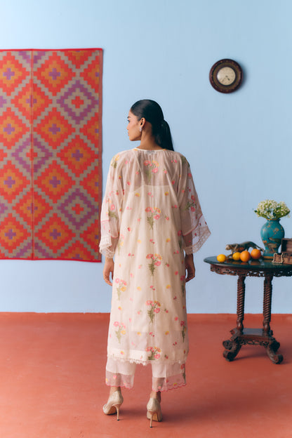 White Chanderi Antifit Co-ord with Thread, Lace & Bead Embroidery
