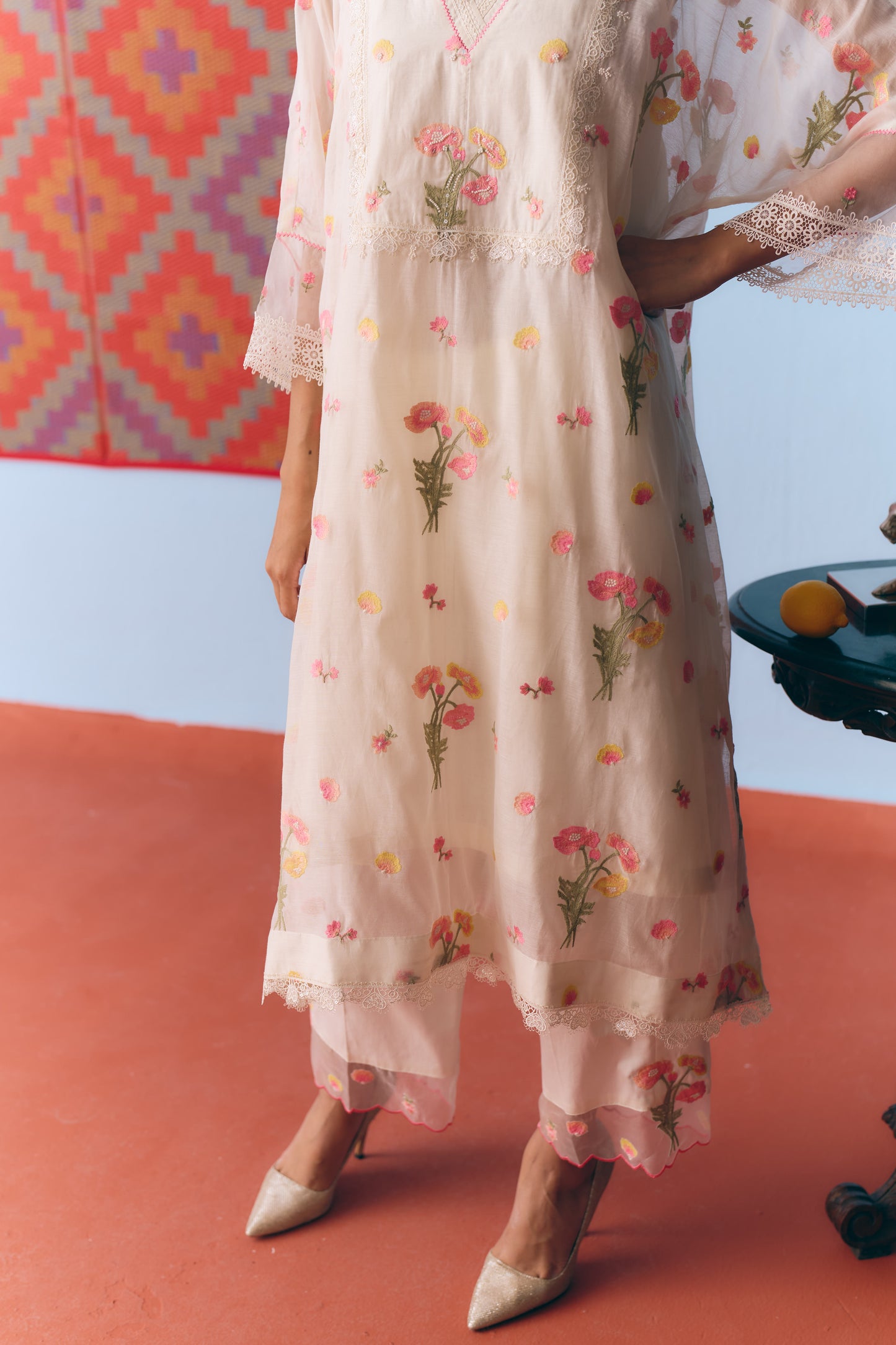 White Chanderi Antifit Co-ord with Thread, Lace & Bead Embroidery