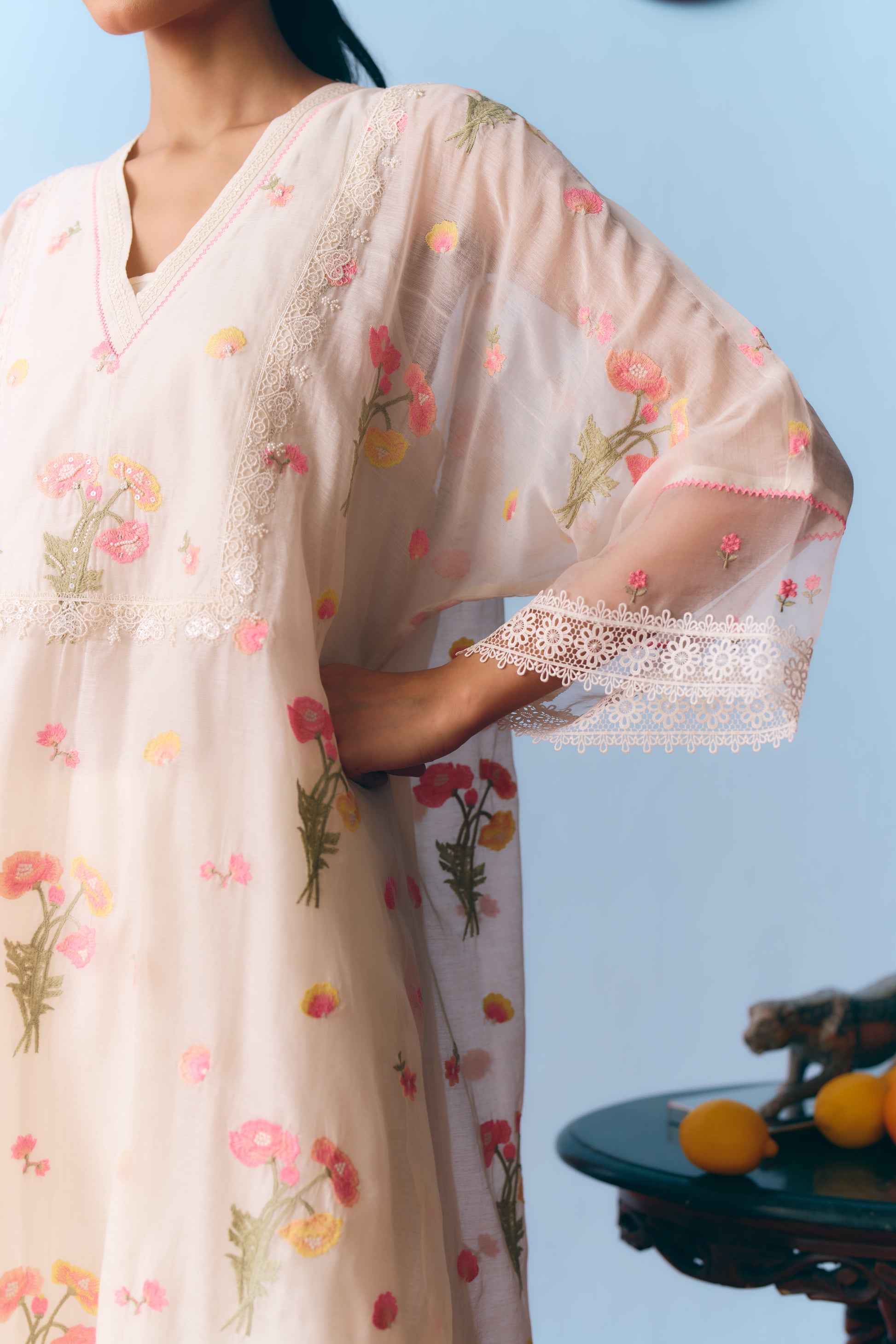 White Chanderi Antifit Co-ord with Thread, Lace & Bead Embroidery