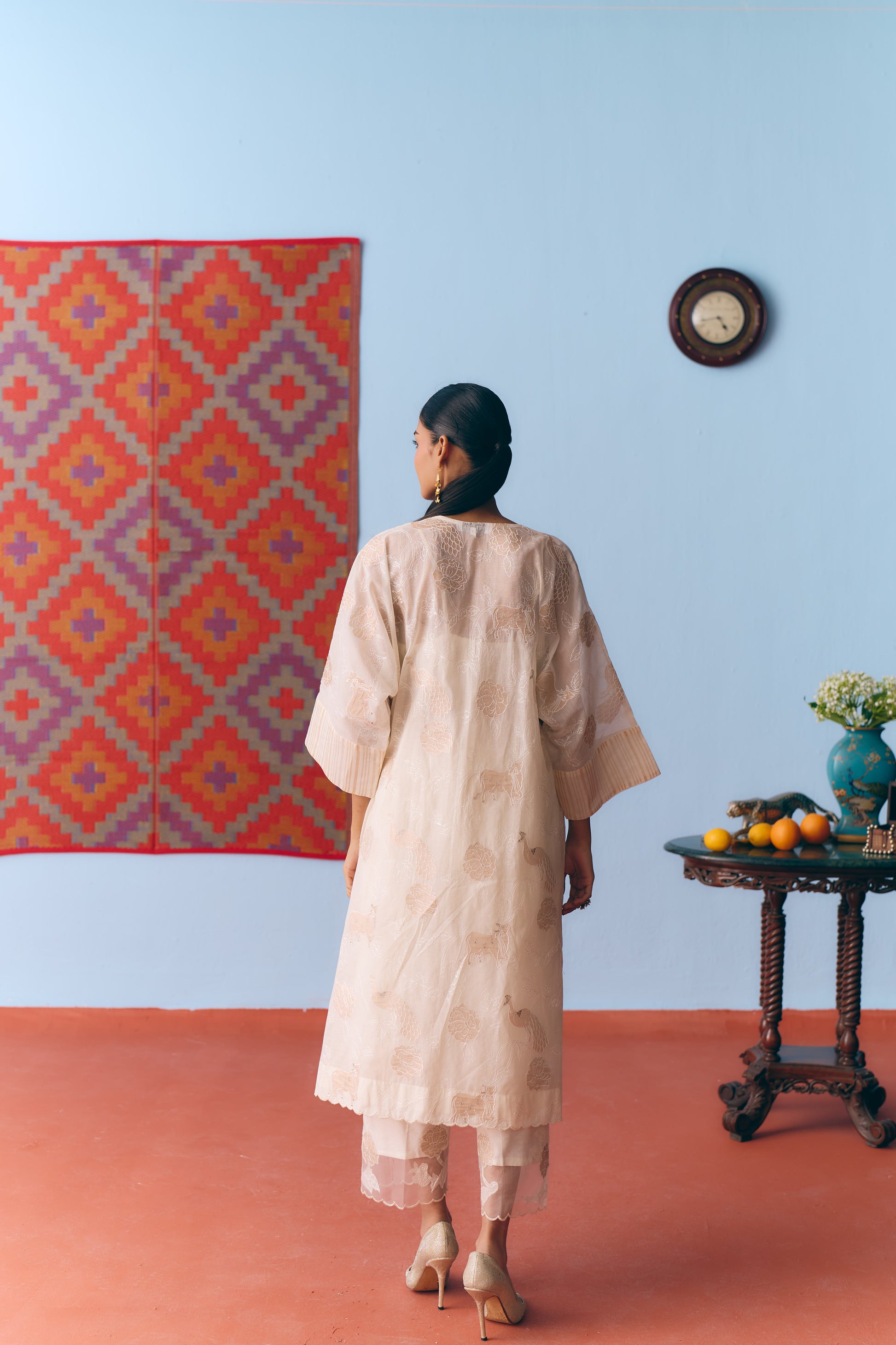 White Chanderi Antifit Co-ord with Dull Gold Tissue Appliqué