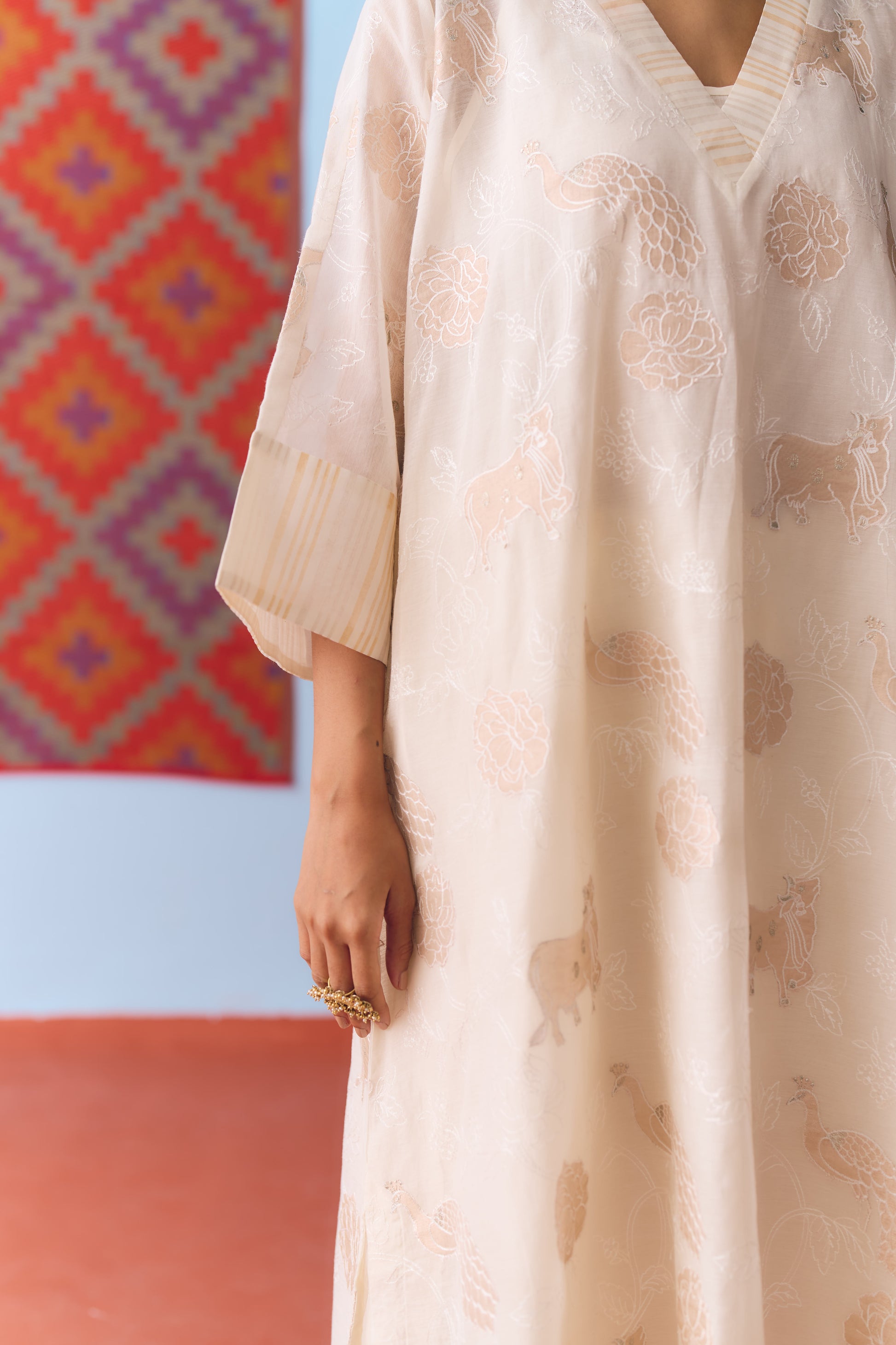 White Chanderi Antifit Co-ord with Dull Gold Tissue Appliqué