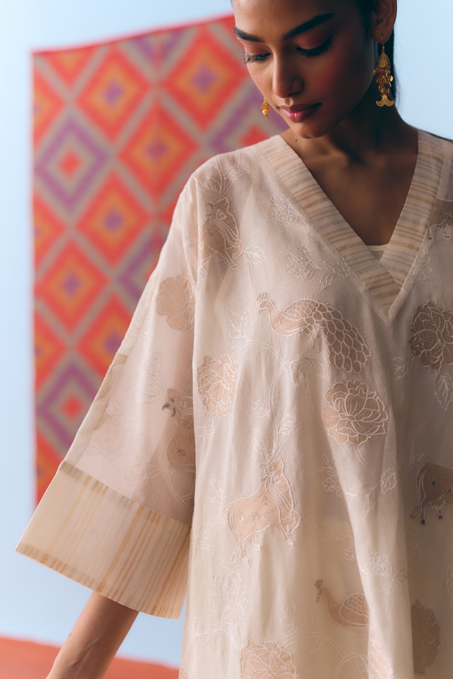 White Chanderi Antifit Co-ord with Dull Gold Tissue Appliqué